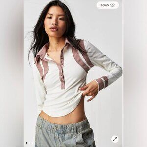NWT Free People Wednesday Polo M Antler Combo Mauve Stripe Retro